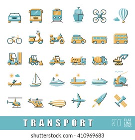 Set of transportation icons. 
Various means of transportation road, rail, air, water transport. Various types of  vehicles.
Collection of flat line vector icons.
