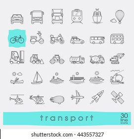 Set of transportation icons. Various means of transportation road, rail, air, water transport. Various types of  vehicles. Collection of line vector icons.