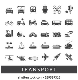 Set of transportation icons. Various means of transportation road, rail, air, water transport. Various types of  vehicles. Collection of vector icons.