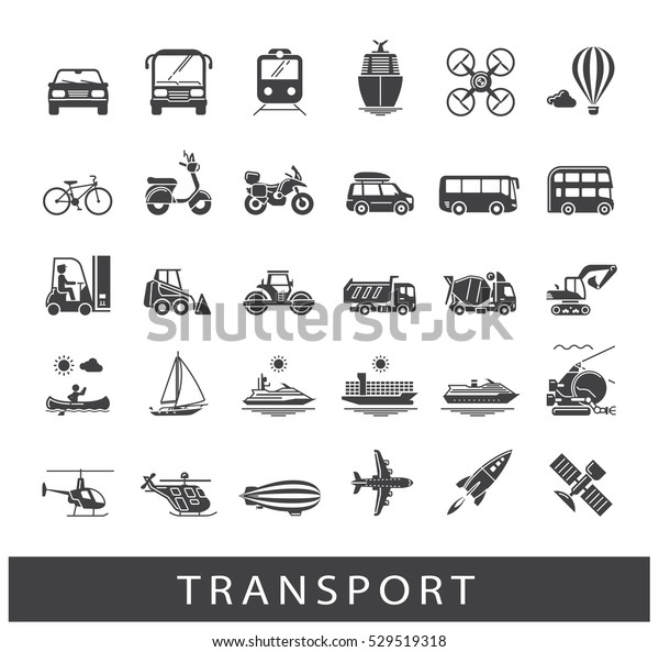 Set of transportation icons. Various\
means of transportation road, rail, air, water transport. Various\
types of  vehicles. Collection of vector\
icons.