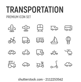 Set of transportation line icons. Premium pack of signs in trendy style. Pixel perfect objects for UI, apps and web. 