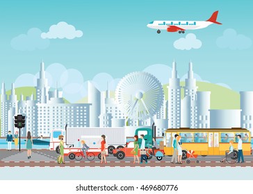 Set of transportation logistic and city traffic on city view, cartoon flat design ,Vector illustration.