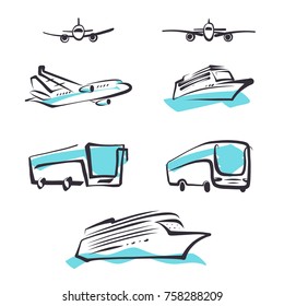 Set of transportation logo template. Sketch image bus, airplane and cruise liner ship. Vector illustration.