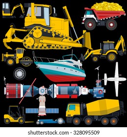 Set of transportation on black ground work machine vehicle red blue car airplane boat truck digger crane forklift small bagger roller extravator space shuttle flatten isolated illustration vector