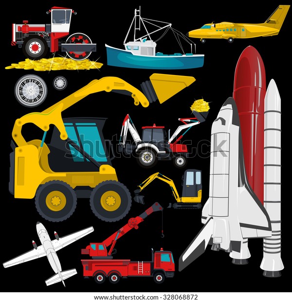 Set of transportation on black ground work machine\
vehicle red blue car airplane boat truck digger crane forklift\
small bagger roller extravator space shuttle flatten isolated\
illustration vector