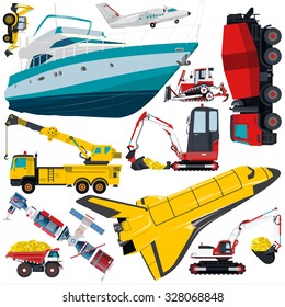 Set of transportation on white ground work machine vehicle red blue car airplane boat truck digger crane forklift small bagger roller extravator space shuttle flatten isolated illustration vector