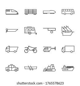 Set von Transportation Outline Icon.  Bobschlitten, Bulldozer, Barren, Auto und mehr