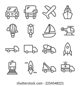 Set of Transportation Outline Icon. Car, Bus, Train, Plane, Rocket, Ambulance, Yacht And More. Editable Stroke. Isolated on White Background. Vector Eps10