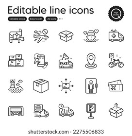 Set of Transportation outline icons. Contains icons as Parking garage, Bike and Wholesale inventory elements. Open box, Lighthouse, Honeymoon cruise web signs. Flight destination. Vector