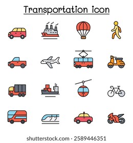 Set of Transportation related vector icon set. contains such icon as airplane, bus, truck, lorry, scooter, motorcycle, walking, bicycle, taxi, train, cruise and more. in color line style