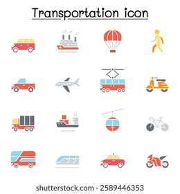 Set of Transportation related vector icon set. contains such icon as airplane, bus, truck, lorry, scooter, motorcycle, walking, bicycle, taxi, train, cruise and more. in flat color style