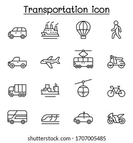 Set of Transportation related vector line icons. contains such Icons as airplane, bus, truck, lorry, scooter, motorcycle, walking, bicycle, taxi, train, cruise and more.
