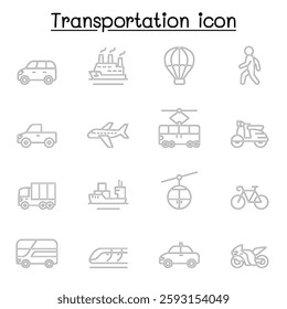 Set of Transportation related vector line icon. contains such icon as airplane, bus, truck, lorry, scooter, motorcycle, walking, bicycle, taxi, train, cruise and more.