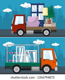 Set of Transportation Services and Logistics, Lorry with Furniture and Small Truck with Windows Drive on the Road, Shipping and Freight of Goods, Vector Illustration