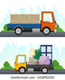 Set of Transportation Services and Logistics, Lorry with Furniture and Small Truck with Boxes Drive on the Road, Shipping and Freight of Goods, Vector Illustration