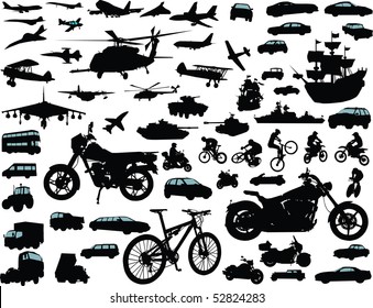 Set of transportation silhouettes: cars, planes, bikes, ships