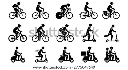 Set of transportation silhouettes featuring cyclists, scooters, and delivery riders. Perfect for mobility, urban transport, and delivery service concepts.