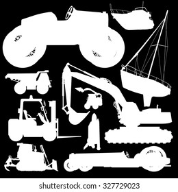 Set of transportation silhouettes on black ground work machine vehicle car airplane boat truck digger crane forklift small bagger roller excavator space shuttle flatten isolated illustration vector