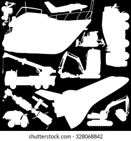 Set of transportation silhouettes on black ground work machine vehicle car airplane boat truck digger crane forklift small bagger roller extravator space shuttle flatten isolated illustration vector