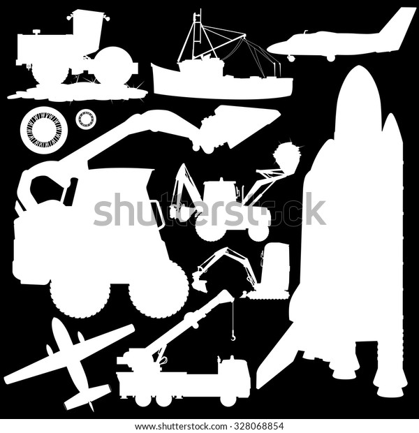 Set of transportation silhouettes on black ground\
work machine vehicle car airplane boat truck digger crane forklift\
small bagger roller extravator space shuttle flatten isolated\
illustration vector