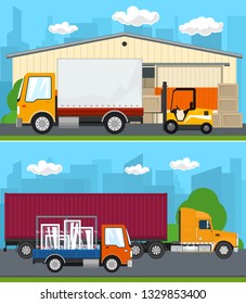 Set of Transportation and Storage Services, Warehouse and Forklift Truck ,Truck and Small Lorry with Windows Drive on the Road , Shipping and Freight of Goods, Vector Illustration