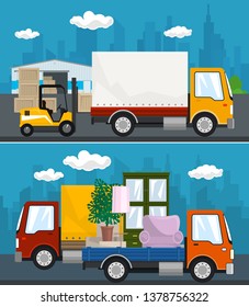 Set of Transportation and Storage Services, Warehouse and Forklift Truck ,Covered Small Truck and Lorry with Furniture Drive on the Road , Shipping and Freight of Goods, Vector Illustration