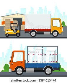 Set of Transportation and Storage Services, Warehouse with Forklift Truck and Covered Truck , Lorry with Windows on the Road , Shipping and Freight of Goods, Vector Illustration