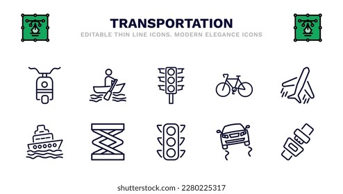 conjunto de iconos de línea delgada de transporte. íconos de contorno de transporte como navegación en bote, semáforo, bicicletas, vuelos, ferry, ferry, elevador, tráfico de automóviles, carretera de perdigones, vector de cinturón de seguridad.