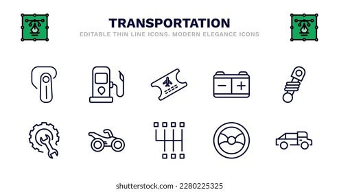 Set von Transport dünnen Linie Symbole. Verkehrsgrundsymbole wie Tankstelle, Flugtickets, Werkstattreparatur, Stoßdämpfer, Reparatur, Reparatur, Motorrad, Schicht, Lenkung, Mittelwagen