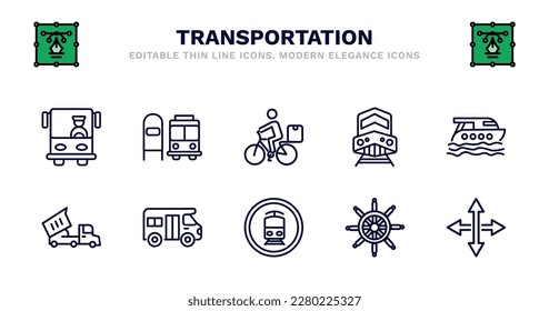 set of transportation thin line icons. transportation outline icons such as scholar bus stop, delivery bike, diesel train, luxury yacht, heavy vehicle, heavy vehicle, school van, tram stop label,