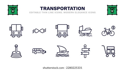 conjunto de iconos de línea delgada de transporte. iconos del contorno del transporte como luces de coche, transporte público, barco de pesca, alquiler de bicicletas, cambio de dirección, cambio de dirección, coche largo, barco de vela, camino, carro