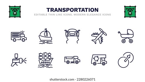 set of transportation thin line icons. transportation outline icons such as sailing boat with veils, stability, light aircraft, pram, car painting, car painting, galleon, road sweeper, recycling
