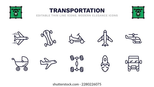 set of transportation thin line icons. transportation outline icons such as longboard, go kart, airplane pointing up, small helicopter, baby trolley, baby trolley, planes, chassis, space rocket