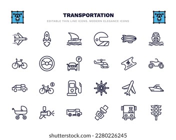 set of transportation thin line icons. transportation outline icons such as airplane flying, sailing boat, blimp, steering, plane tickets, bicycle rental, air transport, car painting, seatbelt,