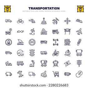 conjunto de iconos de línea delgada de transporte. íconos del contorno del transporte como recirculación, helicóptero pequeño, avión ligero, estabilidad, autobús escolar vacío, deportes motorizados, transporte público, tren
