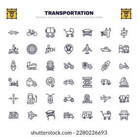set of transportation thin line icons. transportation outline icons such as formula 1, public transport, auto, yacht navigate, motorbike, shipping and delivery, sail boat, ferry carrying cars,