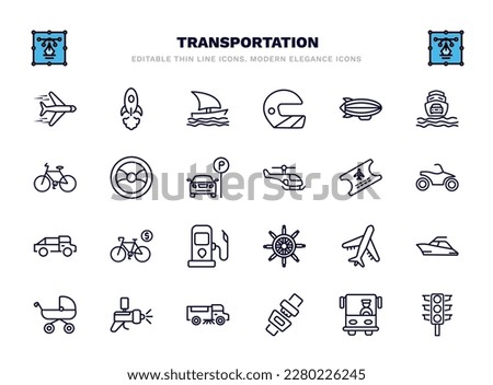 set of transportation thin line icons. transportation outline icons such as airplane flying, sailing boat, blimp, steering, plane tickets, bicycle rental, air transport, car painting, seatbelt,