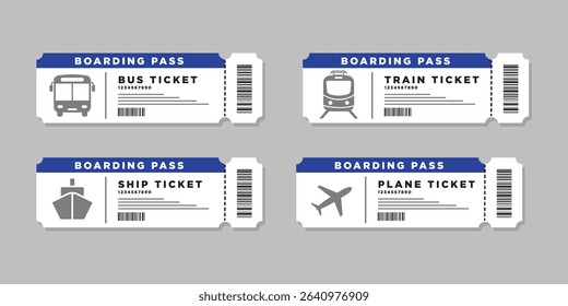 Set of Transportation Ticket. Bus, plane, ship and train ticket icon. Travel tickets for transport with barcode. Vector illustration.