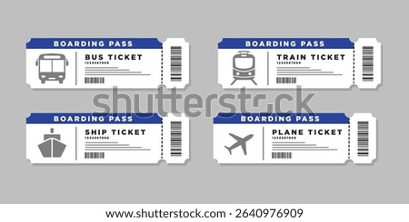 Set of Transportation Ticket. Bus, plane, ship and train ticket icon. Travel tickets for transport with barcode. Vector illustration.