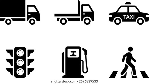 A set of transportation and traffic icons. The set includes a truck, car, taxi, traffic light, gas station, and pedestrian crossing. Isolated on white background.