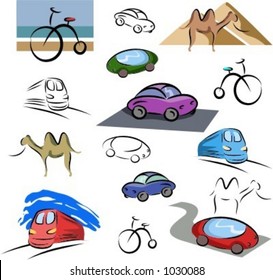 Un conjunto de iconos vectoriales de transporte en color, y representaciones en blanco y negro.