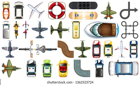 Set of transportation vehicle aerial view illustration