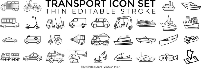 Set of  Transportation and vehicle vector icons. Thin Line art Editable Stoke.