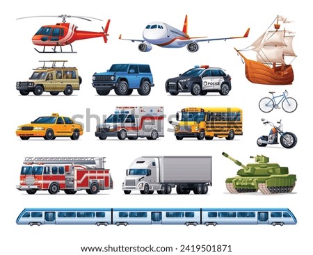 Set of transportation vehicles. Collection of various kinds of vehicles. Vector cartoon illustration