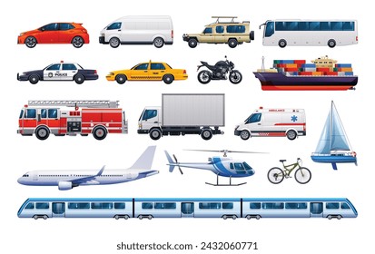 Set of transportation vehicles. Various kinds of vehicles. Vector cartoon illustration