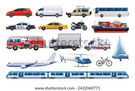 Set of transportation vehicles. Various kinds of vehicles. Vector cartoon illustration
