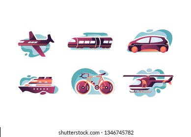 Set transports icons with airplane, car, bicycle, train, ship, helicopter. Concept collection modern symbols for vehicle, internet, ad, web Pixel perfect Vector illustration