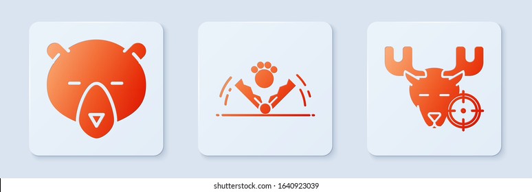 Set Trap hunting, Bear head and Hunt on moose with crosshairs. White square button. Vector