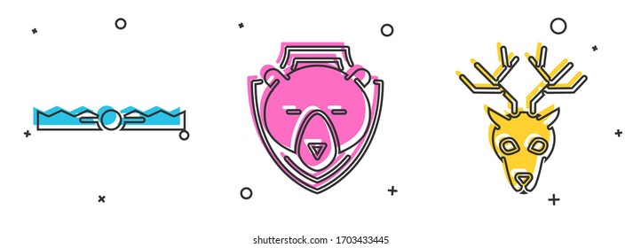 Establecer la caza de la trampa, Oso sobre el escudo y Cabeza de ciervo con el icono de las gargantas. Vector