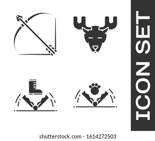 Set Trap hunting, Bow and arrow in quiver, Trap hunting and Moose head with horns icon. Vector